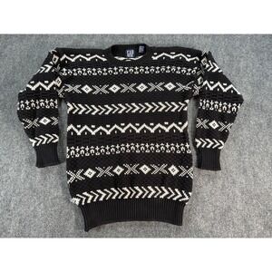 Vintage GAP Sweater Mens Medium Black White Fair Isle Knit Crewneck Nordic 90s